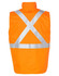 A bright orange reversible safety vest featuring an X-pattern of silver reflective tape on the back.