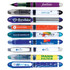 A collection of colorful pens and markers in various hues, featuring logos and branding on each item.