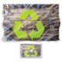 A green recycled symbol lens cloth with a textured design, featuring blue cleaning bottles on a wooden background.
