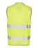 A bright yellow safety vest with reflective tapes along the front and back, featuring a simple design and no sleeves.