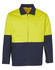 A Hi-Vis two-tone work jacket in fluorescent yellow and navy, featuring a front zipper and pockets.
