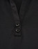 A black polo shirt featuring a textured fabric and two buttons at the neckline. It has a logo on it.