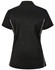 A black ladies' polo shirt featuring white contrast detailing and a logo on the back.