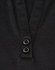 A black women's polo shirt featuring a v-neck and two buttons at the collar, made from sustainable poly/cotton blend.