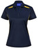 A navy blue polo shirt with yellow contrast detailing, featuring a collar and button placket. Includes a logo.