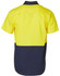 A two-tone short-sleeve cotton work shirt featuring a bright yellow upper and navy blue lower section with a logo.