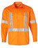 An orange long-sleeve shirt featuring reflective silver stripes and pockets, designed for safety wear. It has a logo.