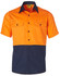 A Hi-Vis short-sleeve cotton work shirt featuring a two-tone design in orange and navy blue, with a logo.