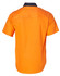 A Hi-Vis two-tone short-sleeve cotton work shirt in bright orange with a navy collar and branding.