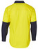 A two-tone long-sleeve work shirt featuring a bright yellow body with navy blue sleeves and a logo.