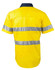 A bright yellow short-sleeved safety shirt with reflective silver stripes and a navy collar, featuring a logo.
