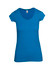 A blue women's marl scoop neck t-shirt with short sleeves and a fitted design. It has a logo on the label.