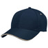 A navy cap with a contrasting trim and a logo on the side.