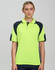 A bright yellow and navy polo shirt with short sleeves and contrast sleeve panels. Features a logo on the chest.