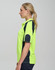 A side view of a men's bright yellow polo shirt with navy sleeve panels and a logo on the chest.
