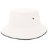 A white bucket hat with a wide brim and a contrasting black edge, featuring small ventilation holes.