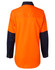 An orange and navy long-sleeve safety shirt featuring a collar and buttoned cuffs, with a logo on the front.