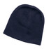 A navy beanie hat with a simple design and a soft texture. It features a small logo.