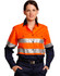 A women's long-sleeve safety shirt in bright orange with silver reflective tape and navy blue accents. Features a logo.