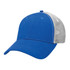 A blue trucker cap with a grey mesh back and a curved brim, featuring a logo.