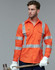 An orange work shirt with reflective silver stripes, featuring a logo, worn by a model holding a hammer.