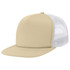 A flat peak trucker cap in beige with a mesh back. The cap features a structured design and a logo.