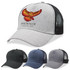 A heathered grey trucker cap with a black mesh back, featuring a logo, available in black, navy, and charcoal.