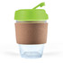 A reusable coffee cup featuring a clear design, a bright green lid, and a cork band for insulation.