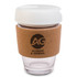 A reusable coffee cup featuring a transparent body, white lid, and a cork band with a logo printed on it.