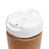 A reusable coffee cup featuring a cork band and a white lid with a sipping opening.