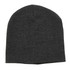 A dark grey beanie with a smooth texture and a fitted design. It features a logo on one side.