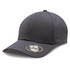 A black cap with a curved brim and a logo on the front, featuring a structured design.