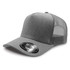 A grey trucker cap with a solid front and a mesh back, featuring a logo on the tag.