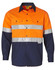 A long-sleeved safety shirt in bright orange and navy blue, featuring reflective strips and a logo.