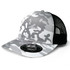 A grey and white camo trucker cap with a black mesh back and a logo on the front.