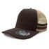 A brown trucker cap with a mesh back and a logo, featuring black stripes on the front.