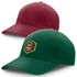A maroon and green premium soft cotton cap, featuring a logo on the front.