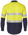 Hi-Vis long-sleeve cotton rip-stop shirt in yellow and navy, featuring reflectively striped detailing and a logo.