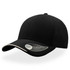 A black cap with a curved visor and a contrasting under-visor, featuring a logo on the side.