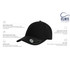 A black cap made from stretchable fabric with a structured front panel and a curved visor. It features a logo.