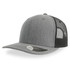 A grey trucker cap with a mesh back and a rounded brim, featuring a logo on the front.