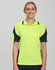 A bright yellow and navy blue polo shirt with short sleeves and a front pocket, featuring a logo.