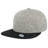 A flat-brim cap featuring a grey textured body and a black peak. It has a branding logo on the side.