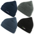 A set of four woolly beanies in navy blue, olive green, teal, and black, each featuring a logo.