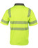 A bright yellow safety polo shirt featuring reflective stripes and a collar. The back view displays the segmented design.