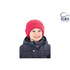 A red beanie for children worn by a smiling child in a navy blue jacket. The beanie features a logo.