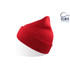 A red beanie with a pointed top, featuring a ribbed texture and a logo.