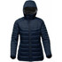 A women's thermal jacket in navy blue with a hood, featuring a quilted design and a front zipper.