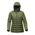 A green insulated women's jacket with a hood, featuring a zip front and a quilted design. It has a logo on the chest.