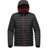A black thermal jacket with a red interior, featuring a hood and zip closure, includes a logo on the sleeve.